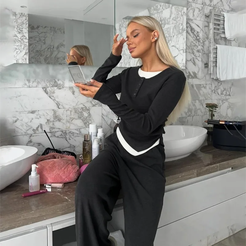 Nieuwe Tweedelige Casual Set Relaxte Europese Amerikaanse Stijl Met Geplooide Onregelmatig Gezoomde Top Rechte Broek Dames