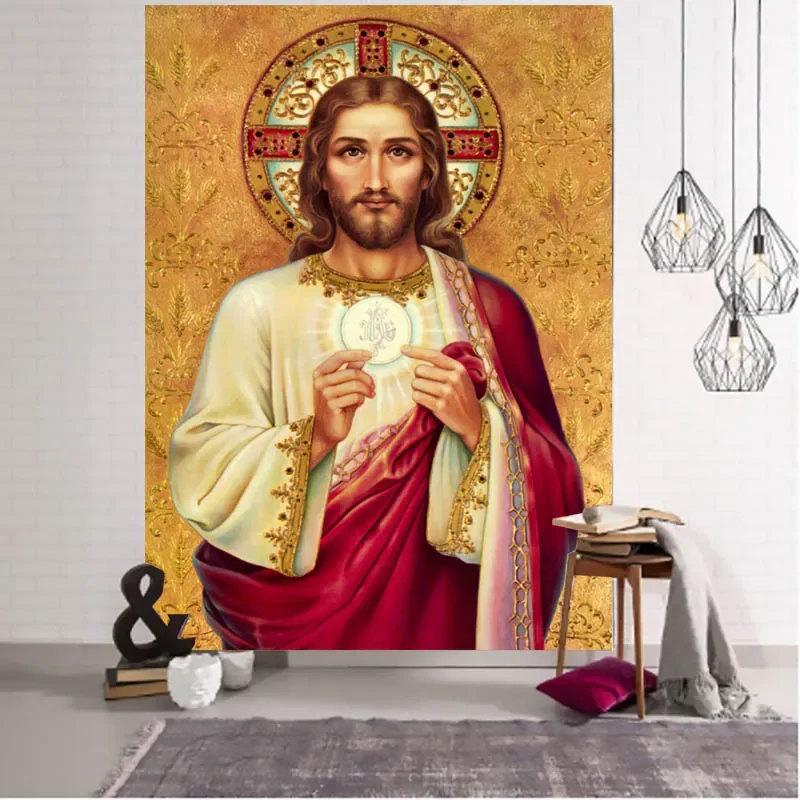 Jesus Christ Tapestry Medieval Retro Style Boho Home Virgin Mary Abstract Beach Mat Christmas Ornament Hanging Wall