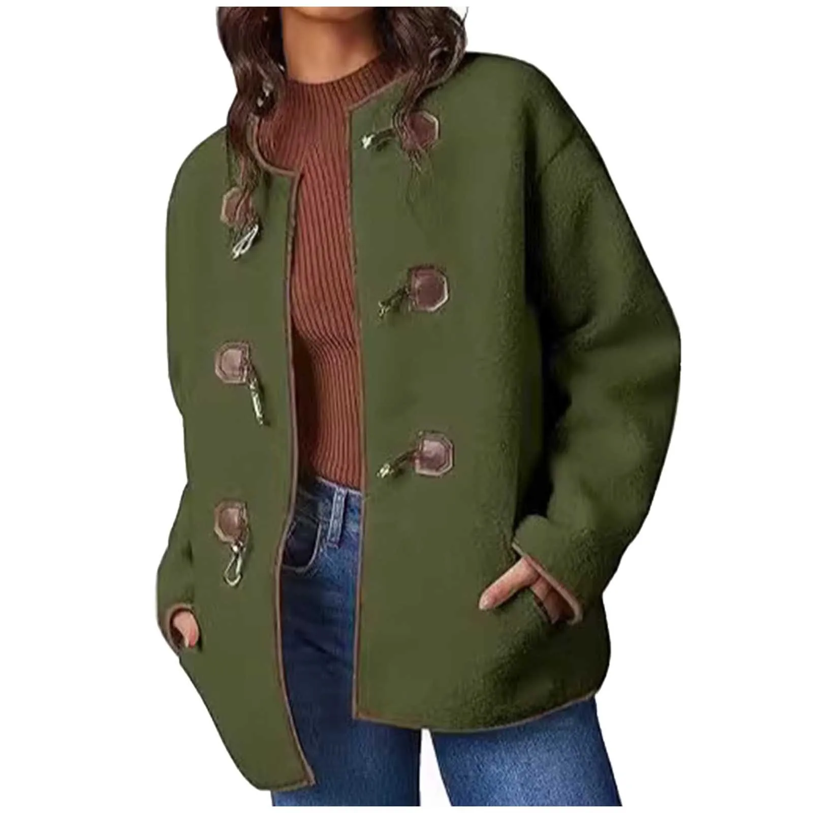 

Винтажные лоскутные куртки с изображением ягненка, пальто из флиса, женские повседневные женские пальто с круглым вырезом и рогами на пуговицах, осенняя мода, женская уличная одежда