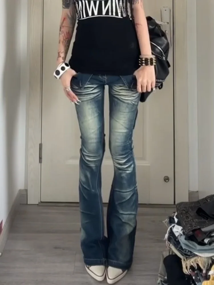 

Retro American Washed Bell Bottom Jeans Women's Low Waist Slimming Long Pants Spring 2026 Trendy Casual Denim Skinnies