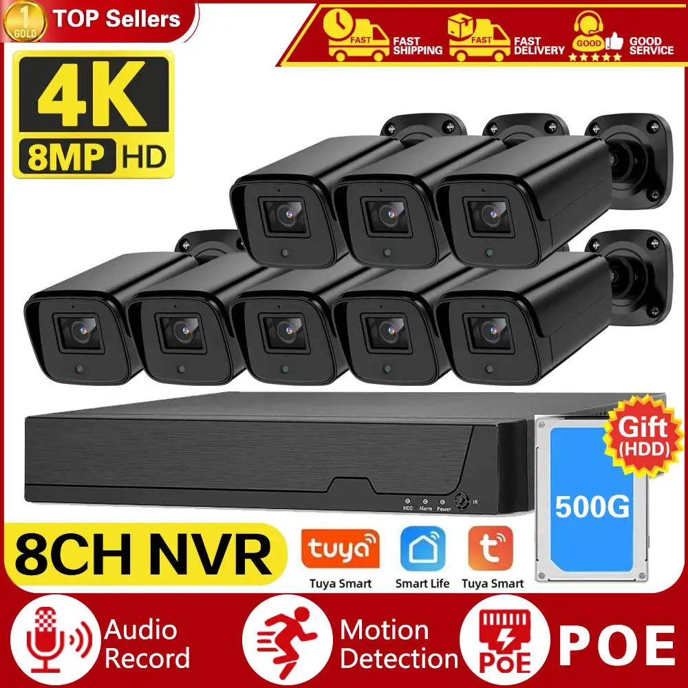 

HD POE Video Security System 8CH 4K 8MP NVR H.265+ With Smart Life Home Tuya 8MP Audio Weatherproof Surveillance IP Cameras Kit