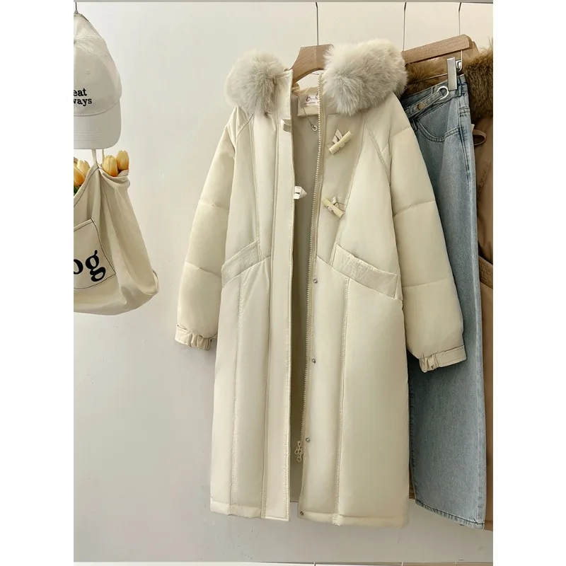 Jaqueta acolchoada de algodão de comprimento médio para mulheres novo estilo coreano grande gola de pele moda parkas casaco de pão de inverno e casacos grossos