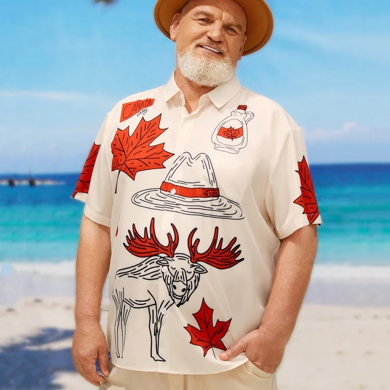 

Summer Hawaiian Shirts For Men 3d Maple Leaf Reindeer Print Men Shirt Casual Man Clothing Top Loose Oversized Short Sleeve Shirt