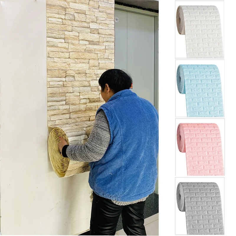 1M 3D Faux Brick Wall Stickers Diy Decorative Self-Adhesive Waterproof Wallpaper Children'S Room Bedroom Kitchen Home Decoration