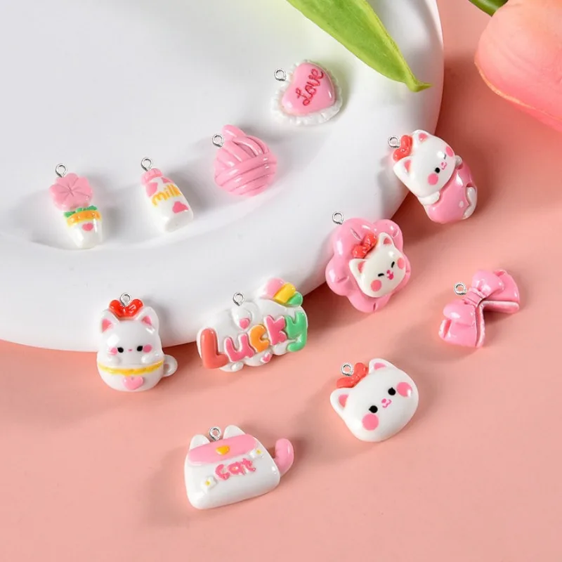 10Pcs Kawaii Mini Pink White Cat Flower Acrylic Resin Charms Pendants for DIY Phone Case Hair Jewelry Making Keychain Part Decor