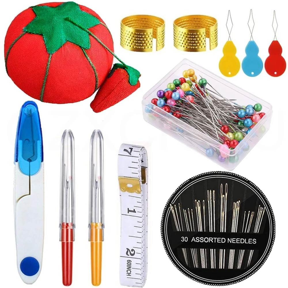 

140 Pcs Sewing Tool Set - Tomato Pin Cushion,Glass Ball Head Pins Self Threading Needle Seam Ripper, Scissors Soft Tape Measure