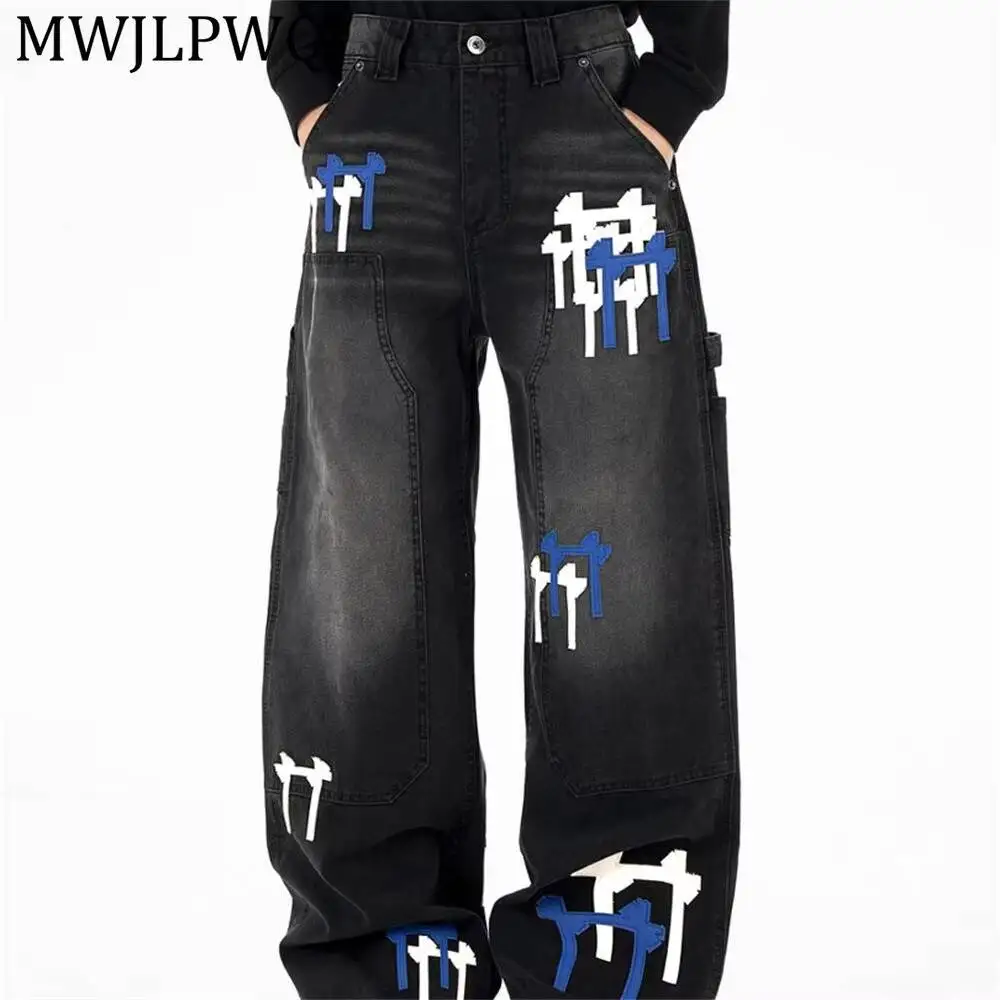 MWJLPWQ Leather Patches Designer Jeans For Men High Street Unique Niche Style Embroidery Multi-Pocket Pants Autumn Trendy 20330