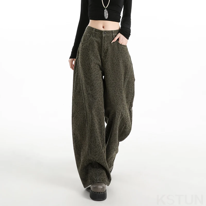 KSTUN 2026 New Women Green Leopard Print Jeans Wide Leg Baggy Pants Loose Vintage Hot Girls Casual Long Trousers 100% Cotton