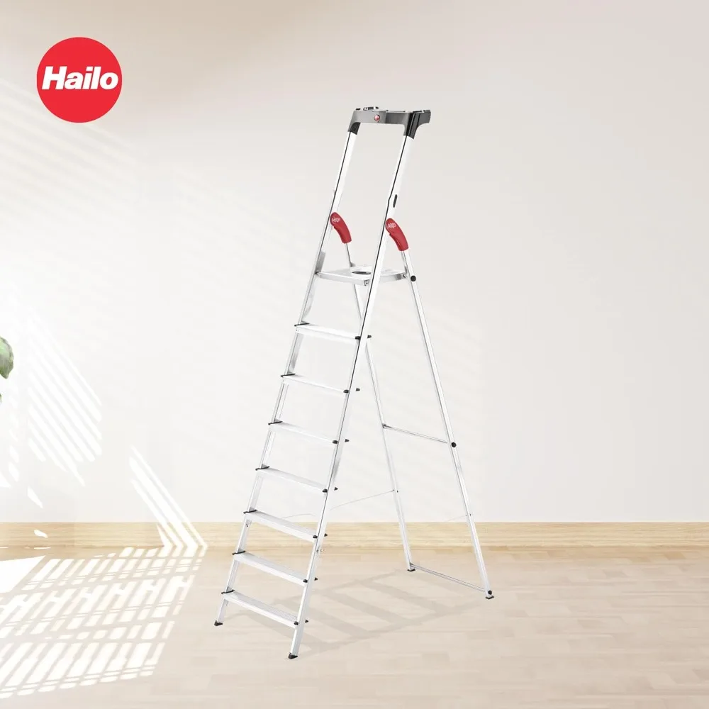 Escalera de tijera plegable de aluminio de 8 escalones, capacidad de 330 lb, escalones antideslizantes, riel de seguridad, plataforma de acero, herramienta mejorada para estabilidad a