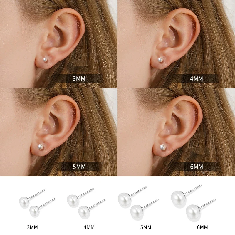 Real 925 Sterling Silver Round 4/5/6MM Bead Stud Earrings for Elegant Women Classic Fine Jewelry Daily Minimalist Accessories