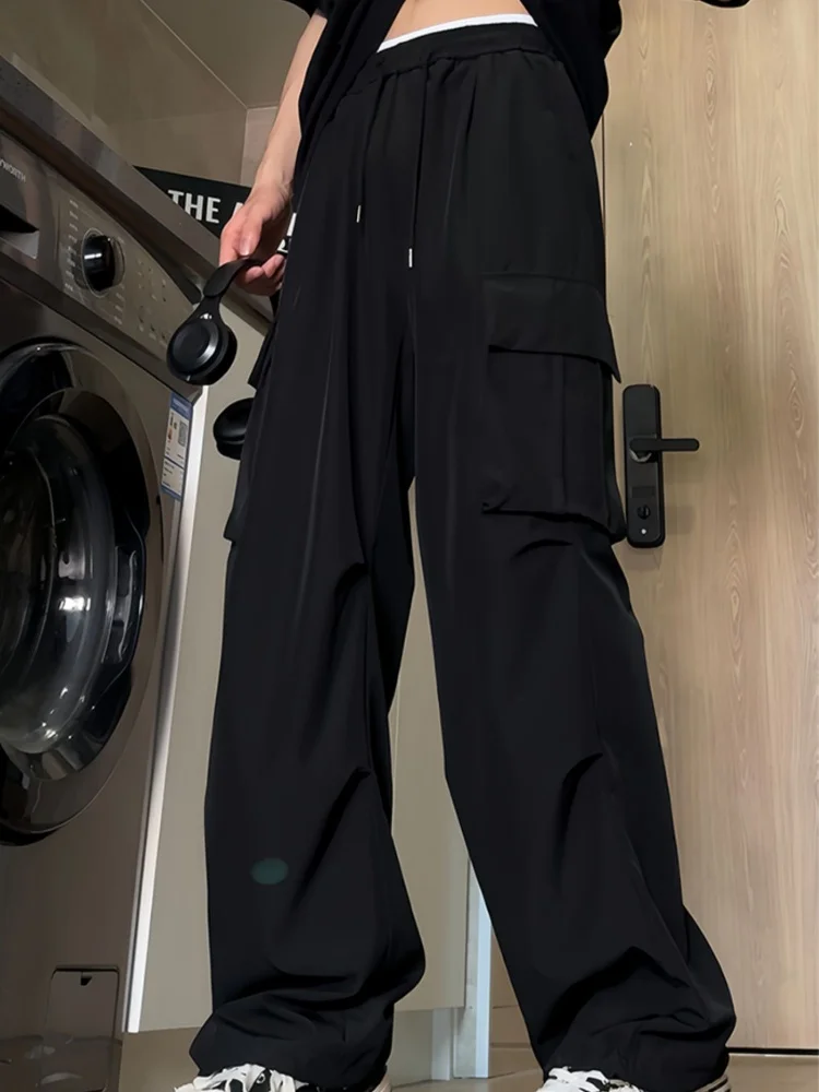 Ropa de trabajo recta, pantalones informales, pantalones Cargo de pierna ancha, pantalones de mujer de Color puro a la moda, pantalones de pareja de cintura alta, estilo callejero 2025