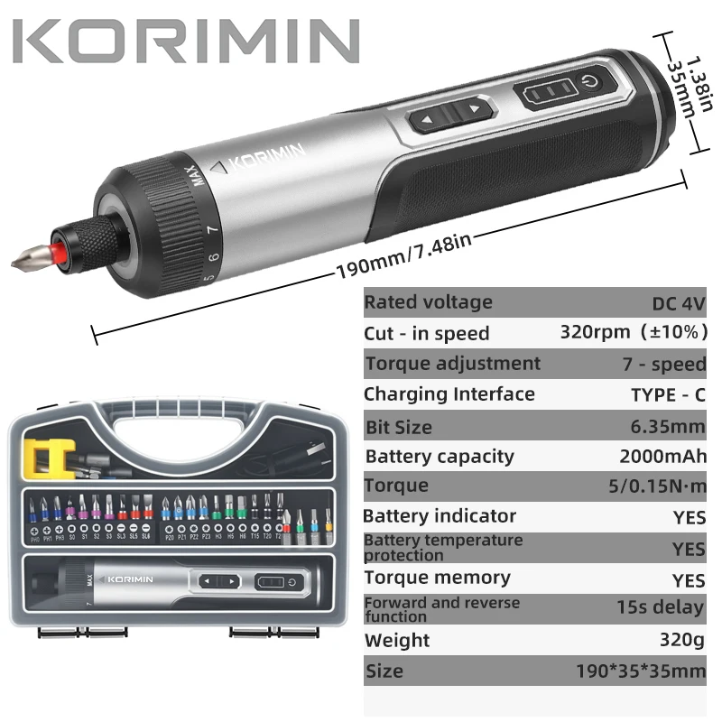 KORIMIN Cordless Electric Screwdriver Set 3.6V 5N.m Torque 1/4' Chuck 2000mAh Li - Ion Battery Power Tools Household Drill