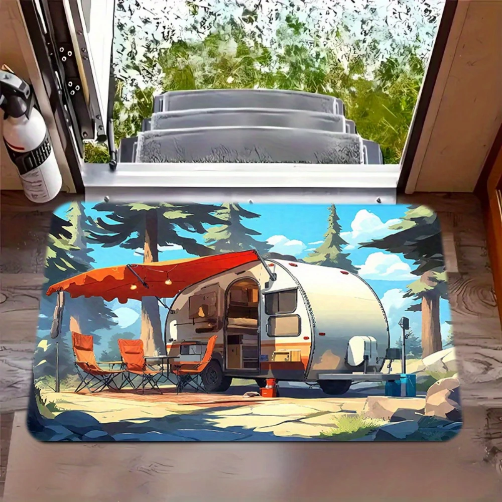 Black Base Camper Van Star Graphic Art Print Welcome Doormat Floor Rug Porch Patio Hall Living Entry Space Washable Entry Rug