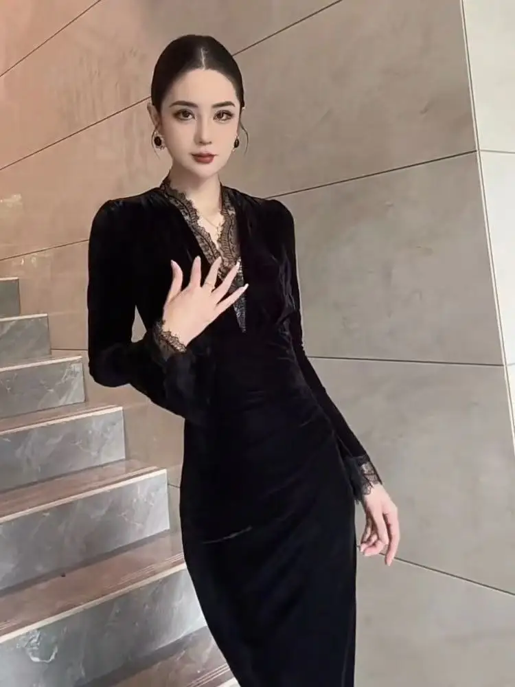 المرأة فستان طويل بسيط الخامس الرقبة طويلة الأكمام ضيق سليم فساتين الدانتيل أنيقة موضة الكورية المرأة رداء مثير التخسيس فستان TS390