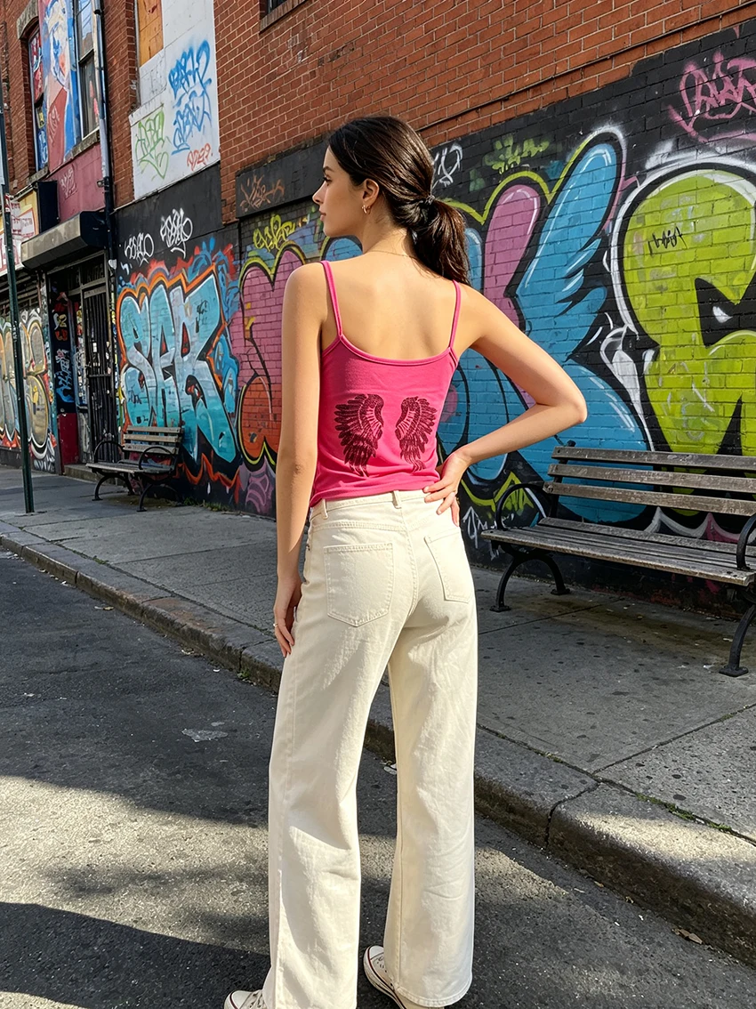 Y2K Mode Damen Einfarbige Camisole Tops mit Rückenflügel-Pailletten-Design, Schlanke Kurze Ärmellose Tanktops mit Spaghettiträgern für den Sommer und Clubwear – Detail 12