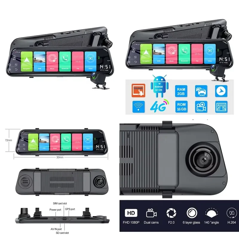for Android 9.66 Inch Touch Screen Car DVR Mirror Dash Cam 1080P Dual Lens Night Vision Rear View Camera Streaming Media