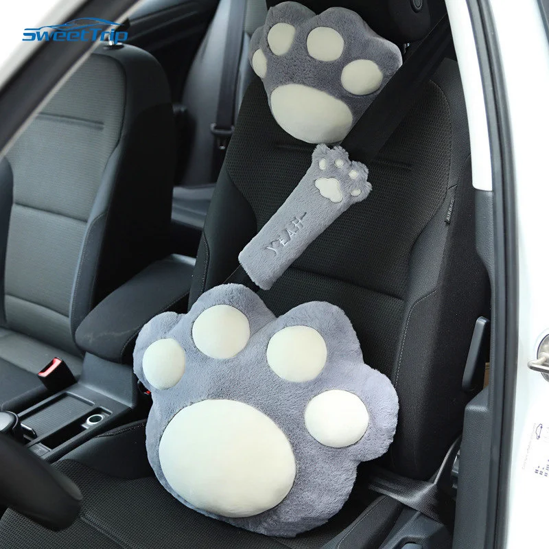 Neck Cushion Pink Car Accessories Girl Soft Car Pillow Universal Woman Seatbelt Protect Seat Interior Cute Cat Claws Neck Pillow