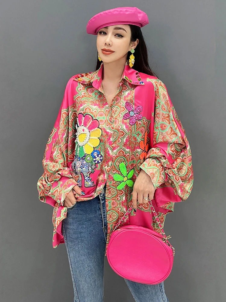 SHENGPALAE Elegance Printed Shirt For Women Spring Fashion Sequins Flower Lapel Light Luxury Loose Blouse Tops 2024 New 5R9210