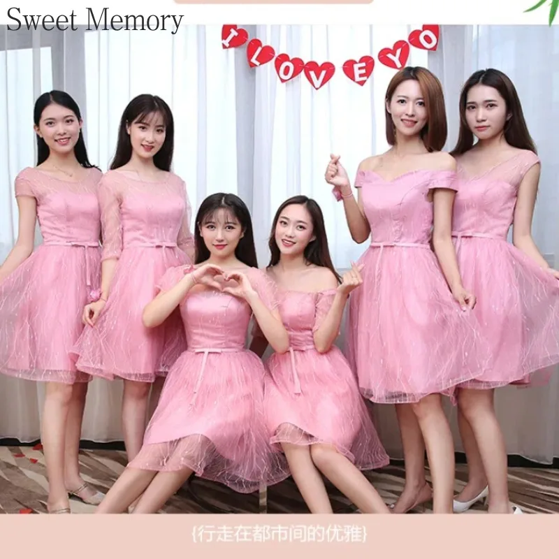 N466 ที่กําหนดเองสีชมพูชุดเพื่อนเจ้าสาวสั้น Sweet Memory A-LINE เข่า-ความยาว Elegant ชุดผู้หญิงสําหรับงานแต่งงานชุด