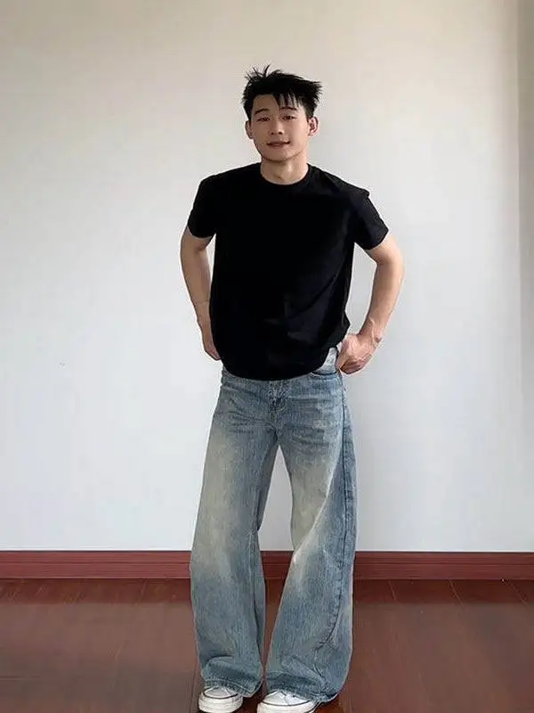 

Men's Retro Denim Jeans High Waist Wide Leg Knife Waed out Faion Urban Sle Wear Resistant Straight Tube Pants