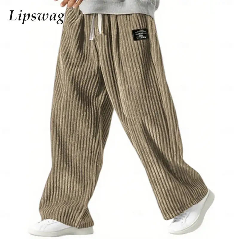 

Stylish Drawstring Loose Straight Pants Mens Autumn Winter Streetwear Casual Trousers Men Fashion Solid Color Corduroy Bottoms