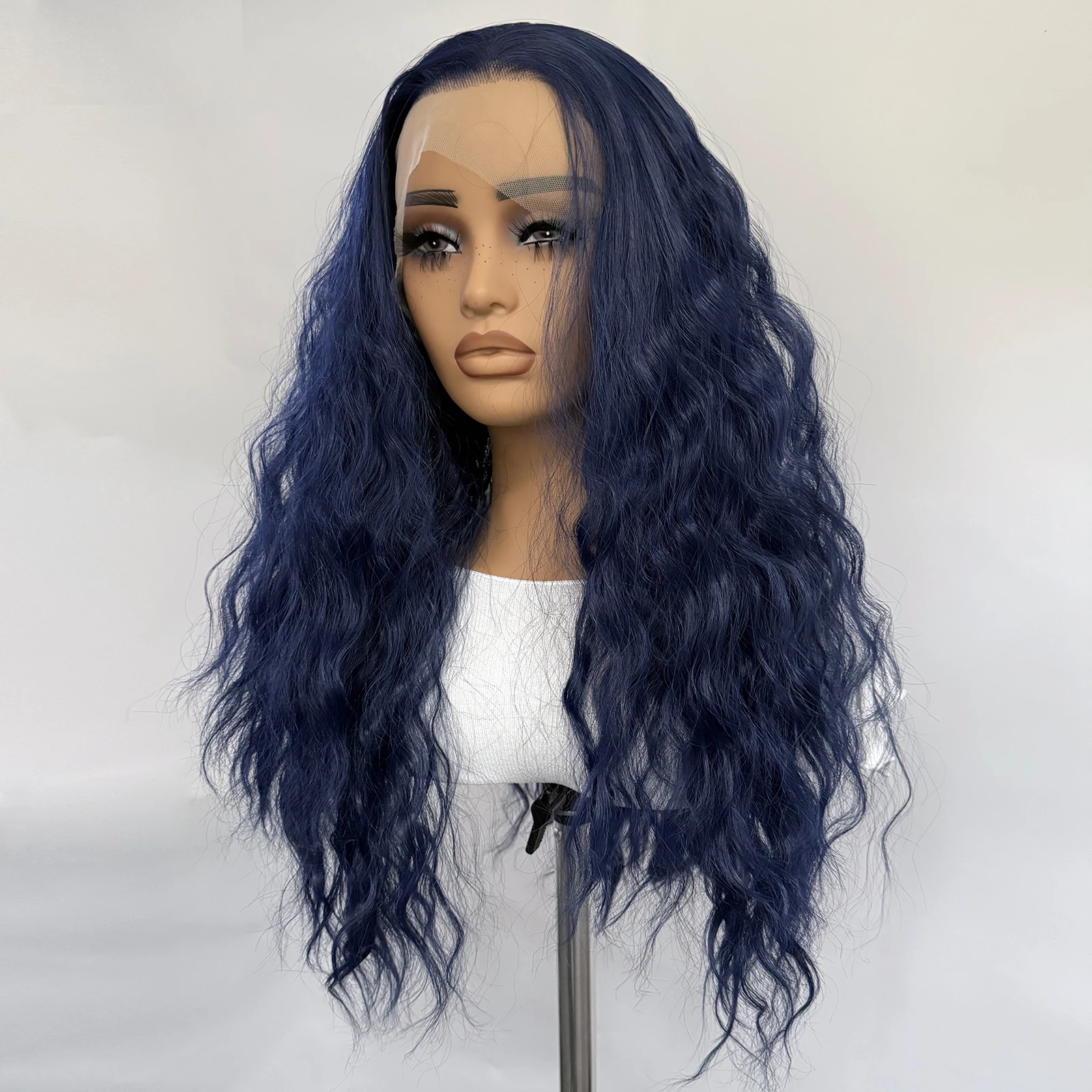 الأزرق الداكن الدانتيل شعر مستعار أمامي 13x4 الاصطناعية طويلة فضفاضة مجعد الباروكات للنساء مقاومة للحرارة الطبيعية المظهر الاستخدام اليومي تأثيري الباروكات