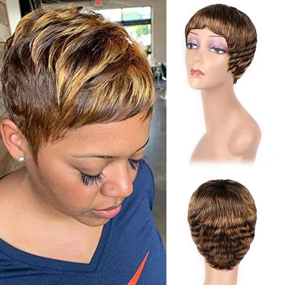 

Short Pixie Cut Straight Hair Wig Cheap Machine Made Wigs with Bangs Brazilian Remy Human Hair Wigs for Black Women OT1B/30