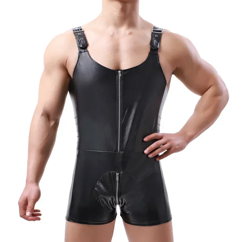 Men Sexy Leather Bodysuits Lingerie Catsuit Faux Leather Zipper Open Jumpsuit Leotard Bodysuit Underwear Erotic Clubwear Costume