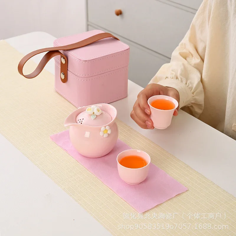 Ceramic Pink Travel Tea Set Pink Girly Teaset Tea Cup Cover Bowl Outdoor Portable Chinese Luxury Cup Tea Sets Complete Set Gift