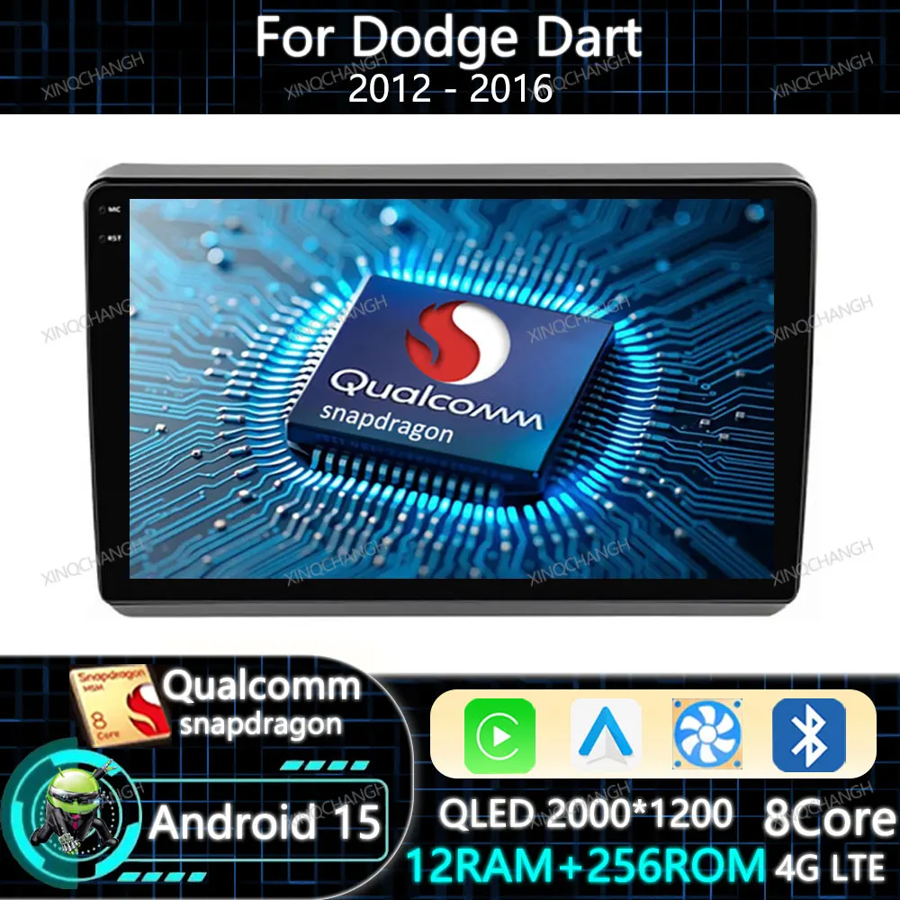 Android 15 Radio de coche Carplay Auto para Dodge Dart 2012 - 2016 unidad principal BT Qualcomm navegación 2DIN GPS QLED 4G LTE 5G WIFI BT