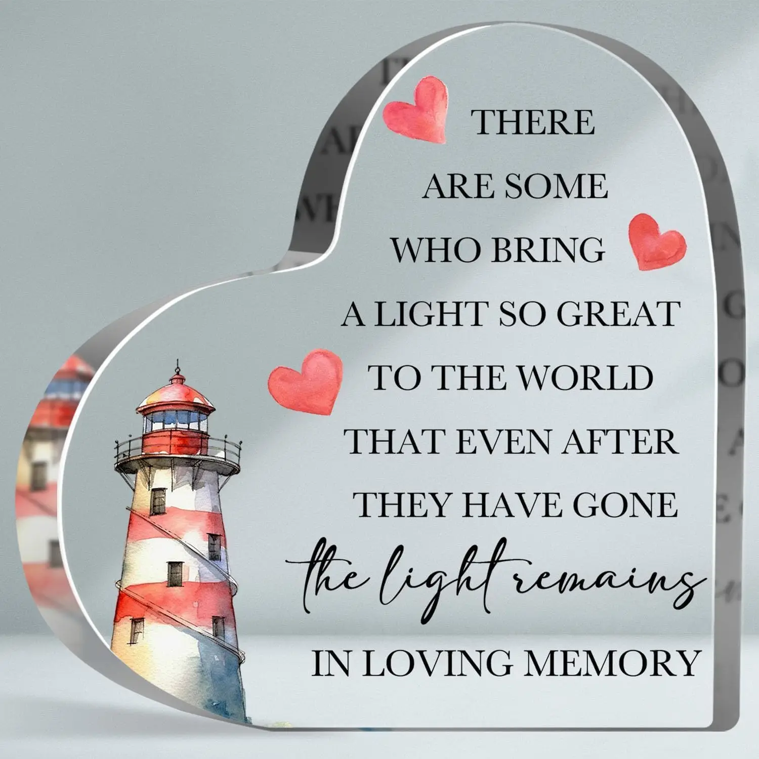 In Loving Memory Lighthouse Heart Acrylic Plaque, Watercolor Lighthouse Sympathy Remembrance Desk Keepsake Gift