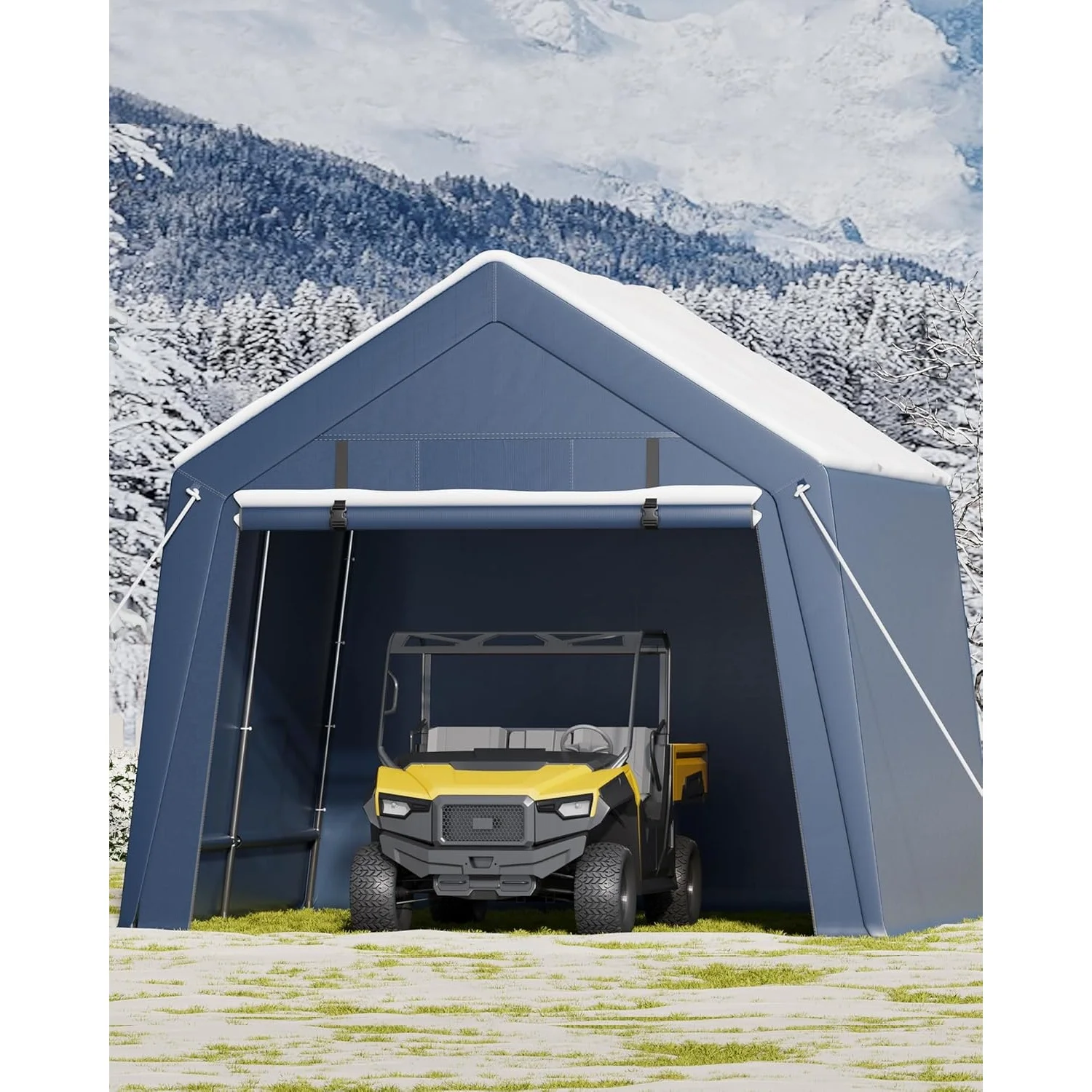 Tente de garage mobile servant de carport - résistante aux intempéries avec couverture en bâche PE et cadre tubulaire galvanisé |   incluant. Porte enroulable et testée pour la charge de neige |   pour voitures et motos |   Gris, 10x10 pieds
