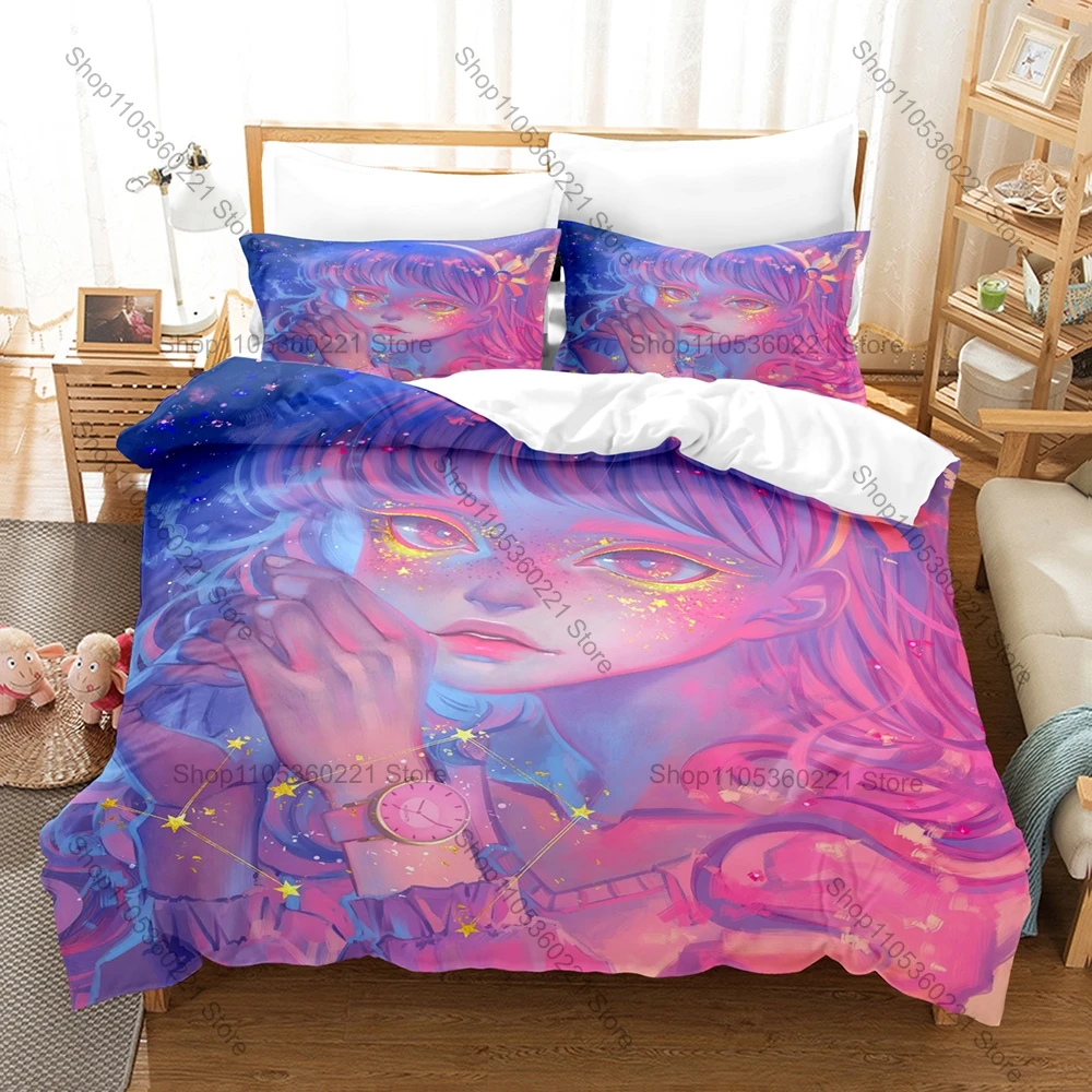 Soft Pastel Strawberry Girl Aesthetic Duvet Cover 2 Pillowcases Sweet Pink White Berry Flower Line Art Microfiber Bedroom Decor