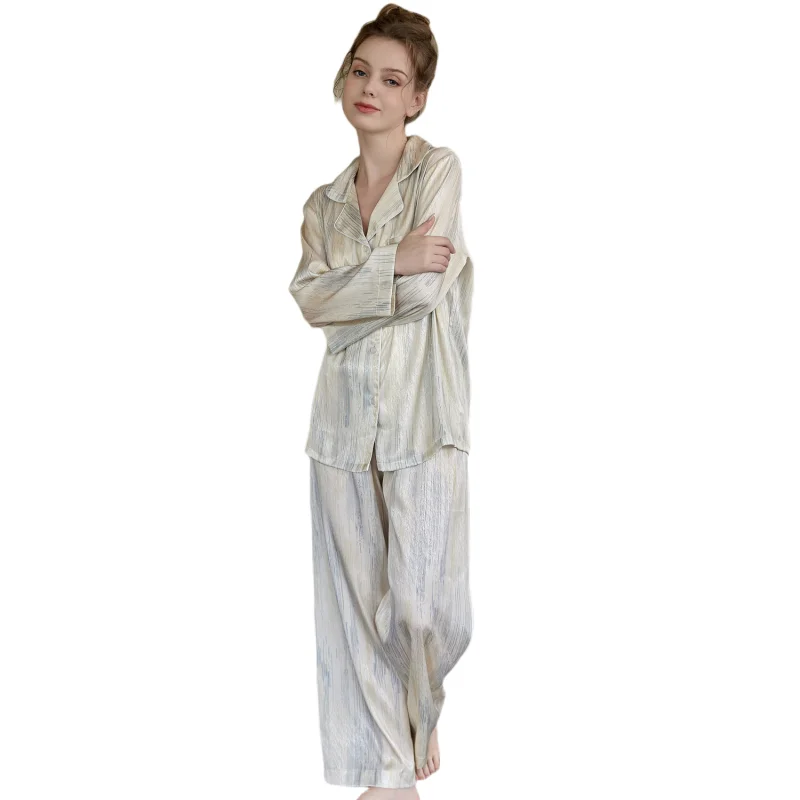 

Two Piece Set of Turn-down Collar Cardigan Top and Pants Print Pattern Sleepwear Thin Imitation Silk Home Suit Women's Pajamas