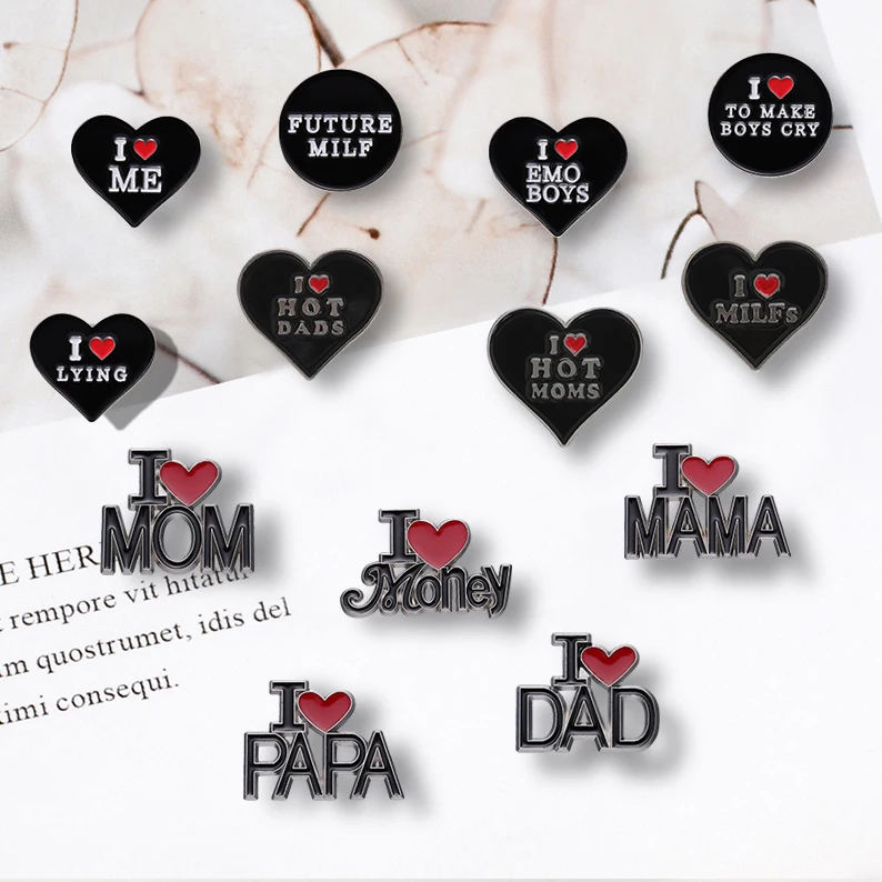 I Love Dads Moms Enamel Pins Custom Red Heart Brooches Lapel Badges Punk Funny Jewelry Gift for Kids Friends