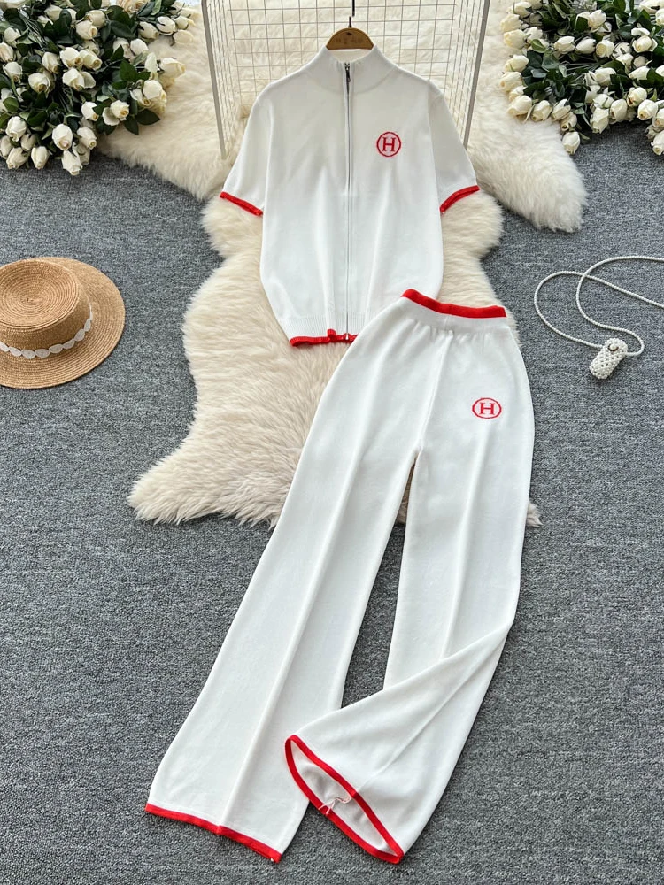 

Summer Thin Color Blo Set Women's High Collar Zipper ort Sve Top High Waist Slim Wide Leg Long Pants Casual Sportswear