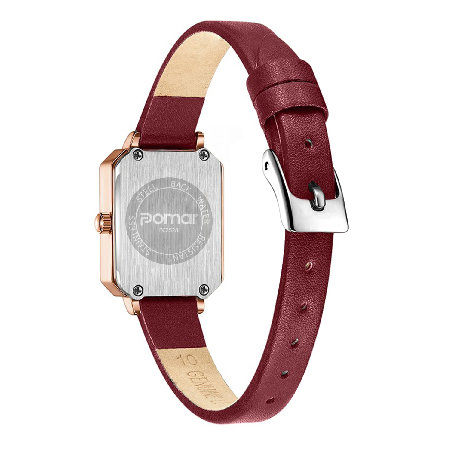 ساعة بومار فاشن أنيقة كلاسيكية مربعة فاخرة من الجلد الأحمر الخمري المقاوم للماء كوارتز للنساء، للنساء للساعة