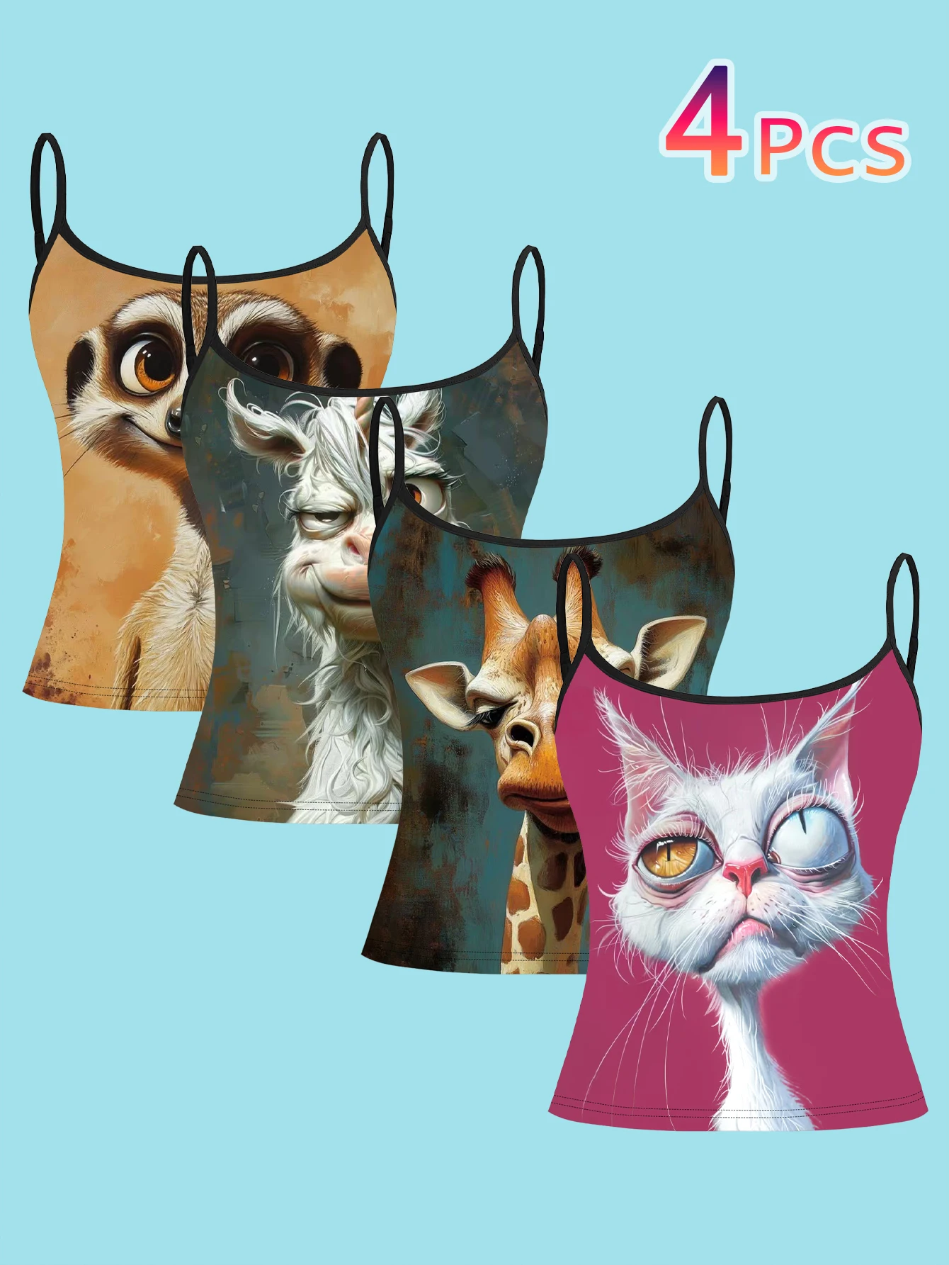 4-Piece Set of Quirky Cartoon Animal Portrait Print Camisoles, Vintage Oil Painting Style Illustrations of Meerkats, Lambs, Giraffes, and Cats, Fun Illustrations for Women, Slim-Fit Spaghetti Strap Sleeveless Tops for Outerwear or Layering