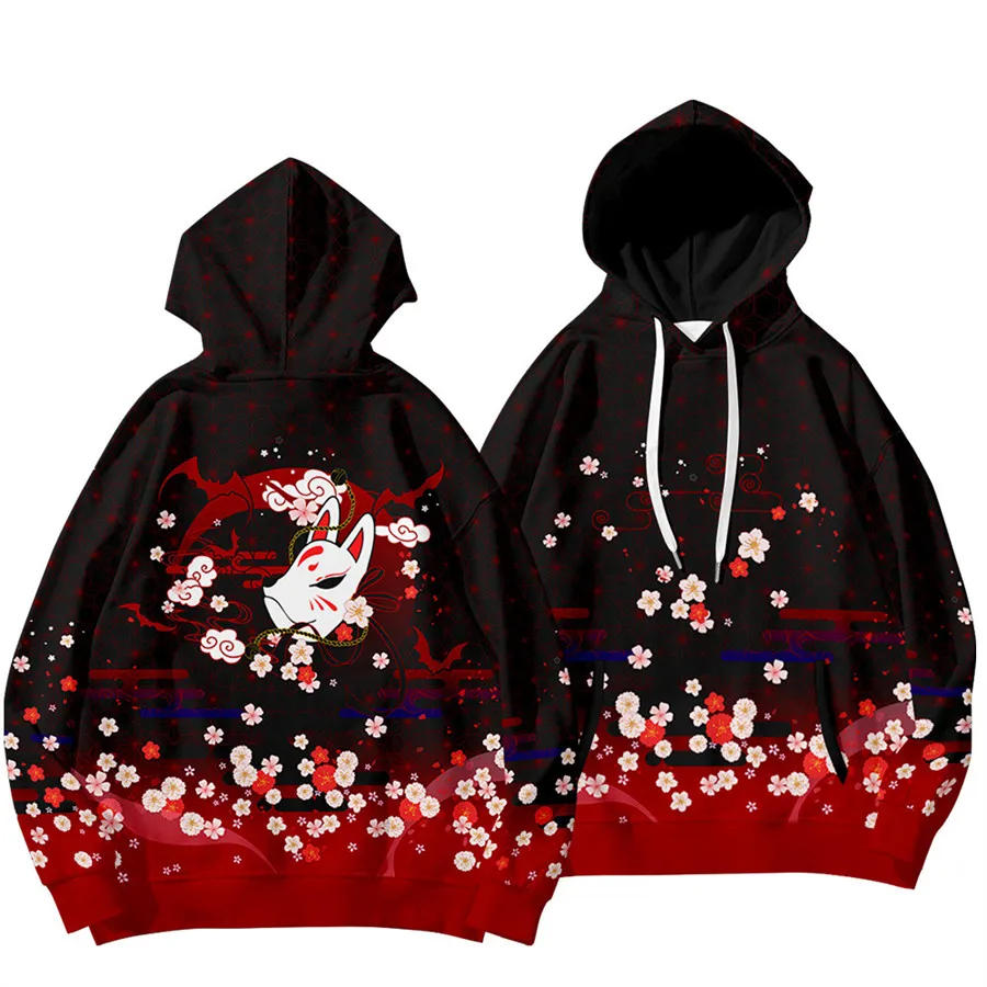 Black Fox bedruckte Hoodies Sweatshirt Herbst japanische lässige Harajuku übergroße Kapuze Hoodie Hip Hop Pullover Frauen Männer Kleidung