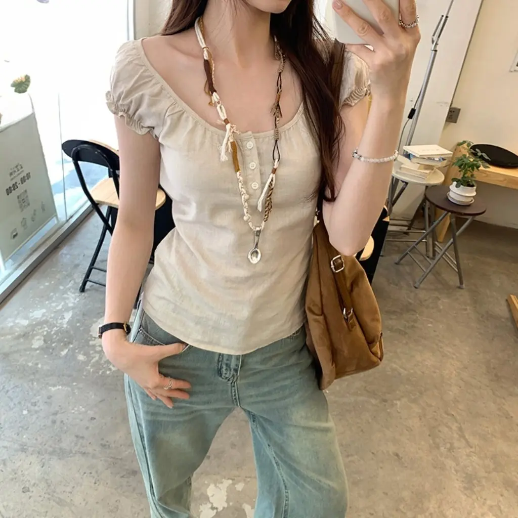 

Women's French Style Ramie T-shirt Elegant Puff Sleeve Slim-fit Short-sleeved Beautiful Top for Summer