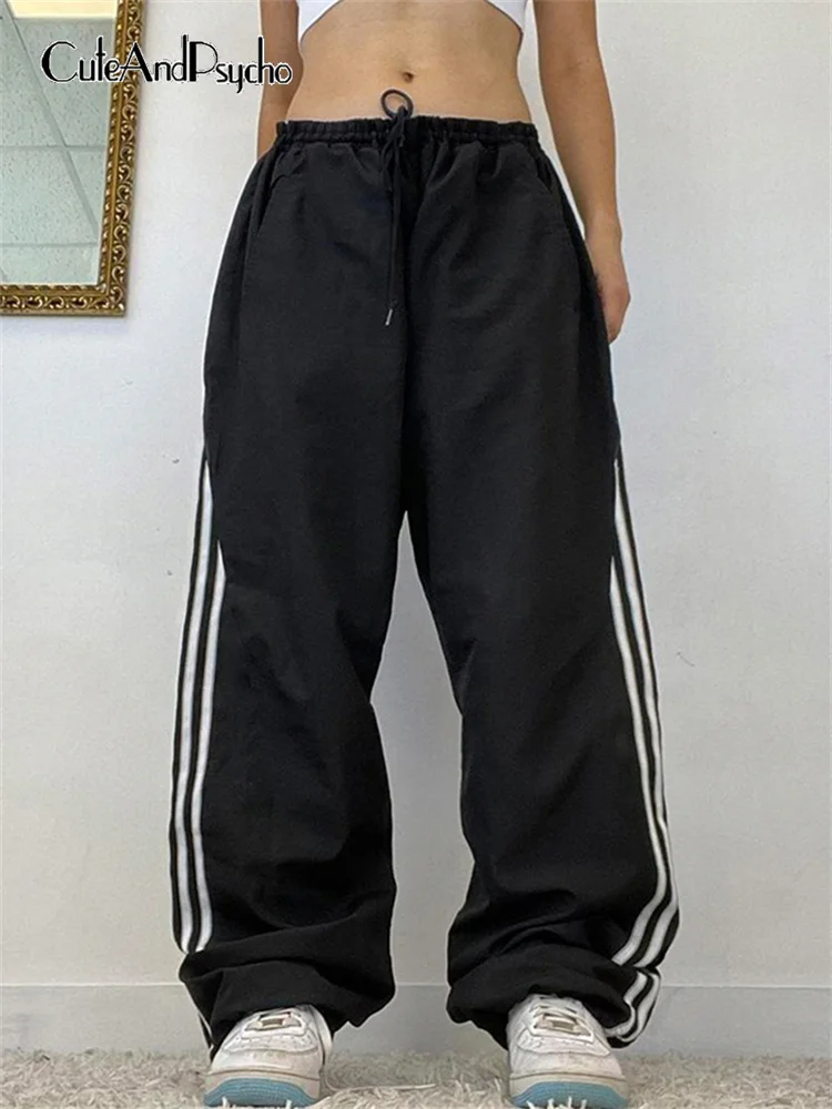 

Cuteandpsycho Casual Streetwear Women 's Parachute Pants Striped Y2K Baggy Tech Pants Harajuku Loose Wide Leg Black Sweatpants