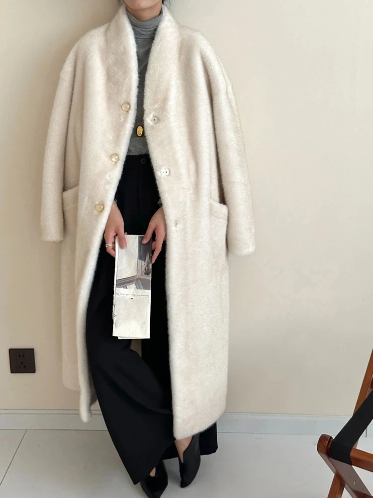 LANMREM Casual Imitation Mink Coat For Women Stand Collar Single Breatsed Solid Color Pockets Design Coats 2024 Winter New Z2627