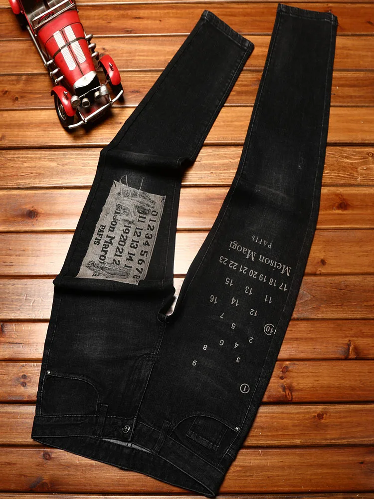 High end trendy printed jeans for men with elastic slim fit and small feet, personalized Korean version of youth casual denim Lo