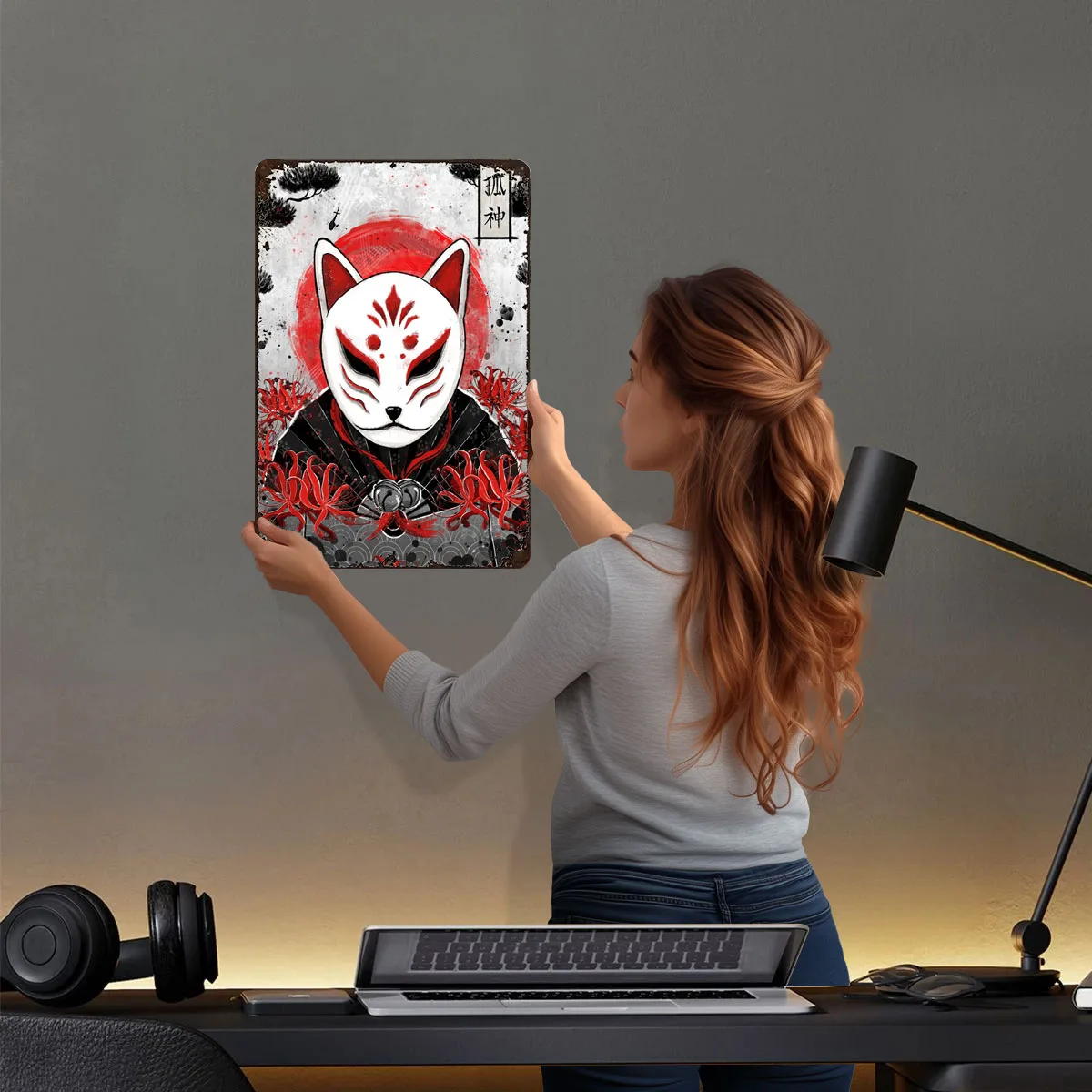 Kitsune Mask Japan Rubyart Japanese Metal Poster Decor for Room Decoration Customizable Metal Tin Signs for Wall Art Decoration