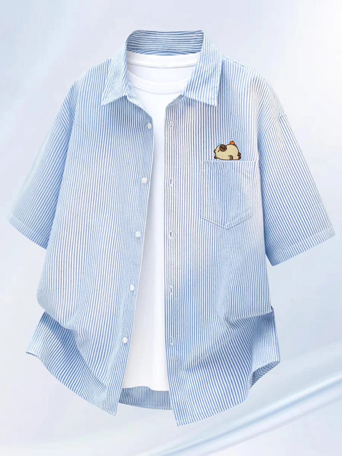 Summer New Fashion Trend Men's Clothing Funny Cartoon Laid-Back Waterpig Patch Print Short Sleeve Loose Casual Shirt