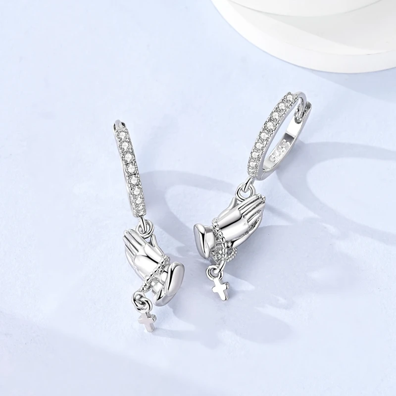 Praying Hands Cross Dangle Huggie Hoop Earrings 925 Sterling Silver Full Pave CZ Ear Buckle Faith Prayer & Blessing Jewelry Gift