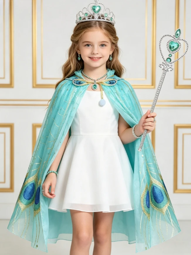 Children Glittering Peacock Princess Style Cloak With Accessory for Girls Halloween Party Showstopper Exquisitely Beautiful Wear