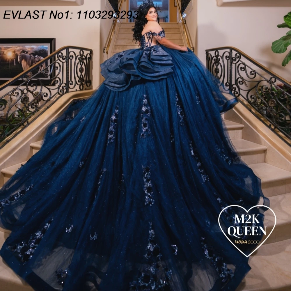 EVLAST Customized Glitter Navy Blue Quinceanera Dress Ball Gown Floral Applique Beading Bow Sweet 16 Vestidos De 15 Anos AQ196