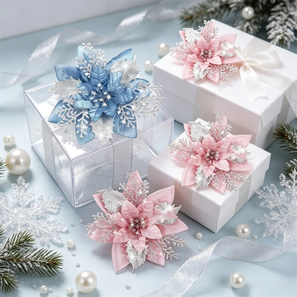 6/12Pcs 5.5Inch Christmas Tree Ornaments, Pink & Blue Glitter Artificial Poinsettia with Clips for Tree Wreath Decor - view 2