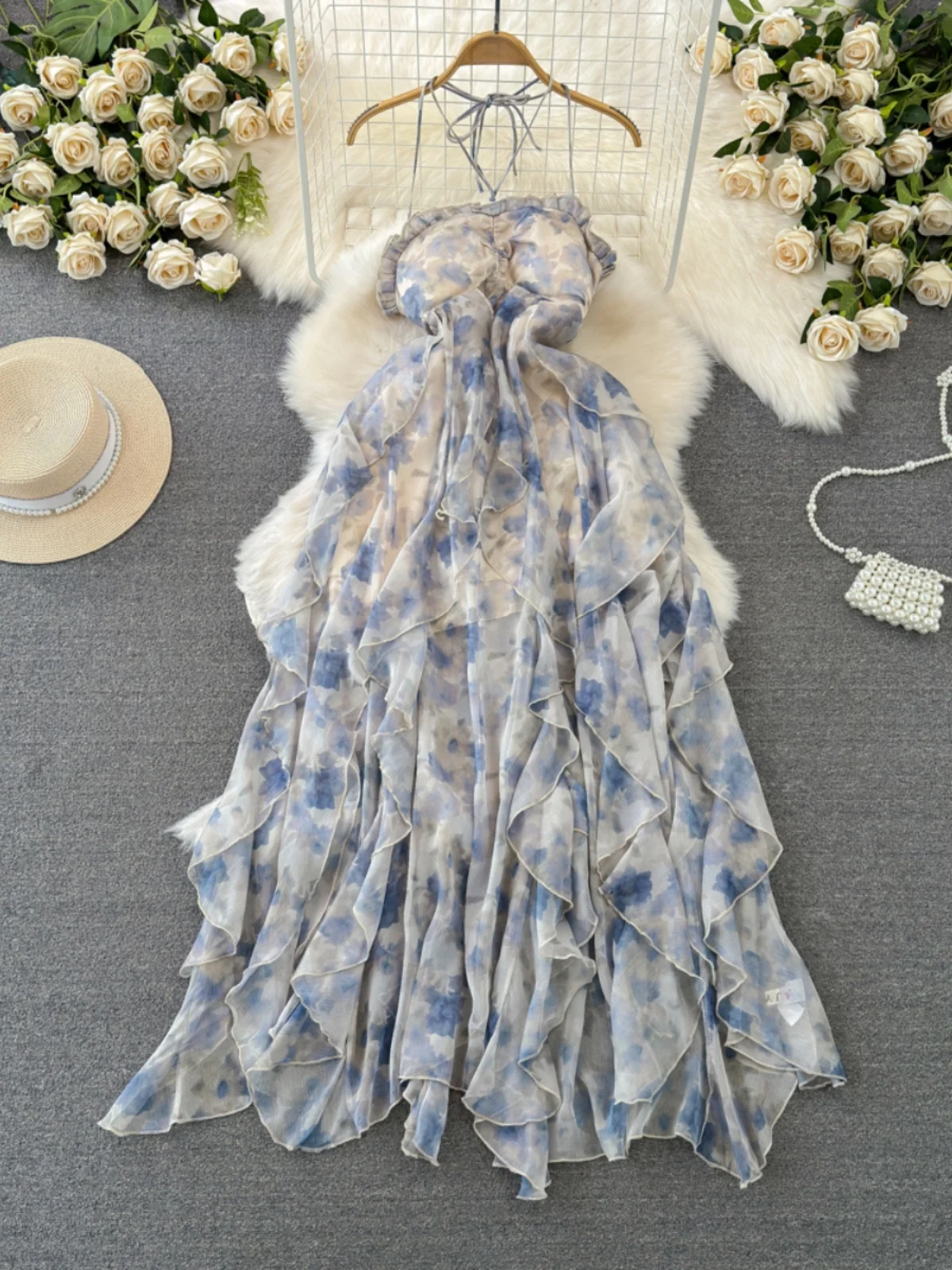 

Пляжная юбка-миди А-силуэта с градиентным принтом и кружевной отделкой из легкого шифона